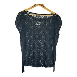 Womens Twenty One Black Lace Sheer Long Sleeve Long Top Tunic Shirt Medium NWT
